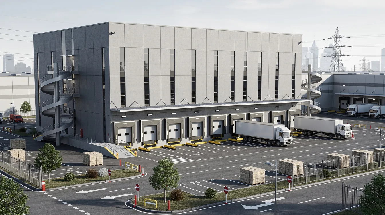 The image depicts a multi-storey industrial warehouse situated in an urban logistics park, featuring external vehicle ramps and loading docks designed for efficient operations. This facility may require periodic façade inspections to ensure the structural integrity and safety of its exterior elements, in compliance with the Building Control Act and regulations set by the Building and Construction Authority.