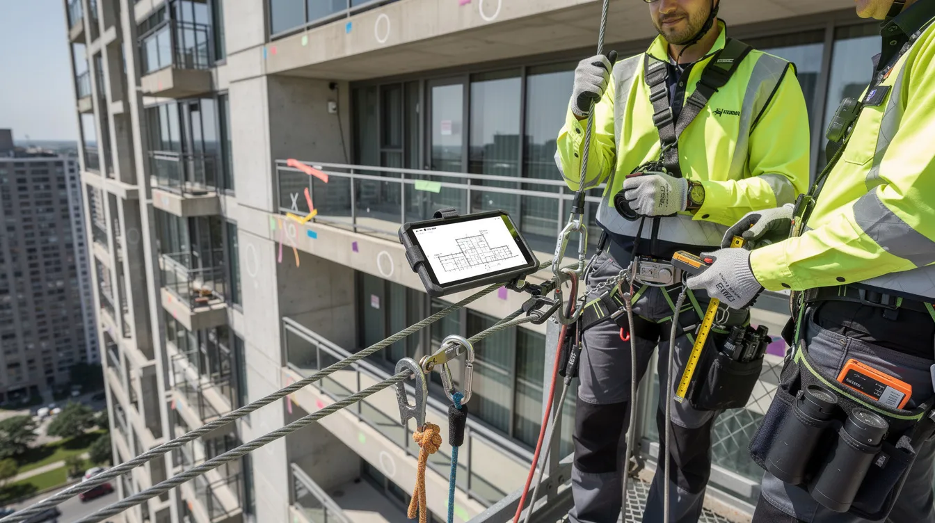 The image depicts a close-range façade inspection of a high-rise condominium building, highlighting inspection equipment and safety harnesses used by façade inspectors. This scene illustrates the process of identifying defects and ensuring compliance with new regulations for building owners and multiple owners during periodic inspections.