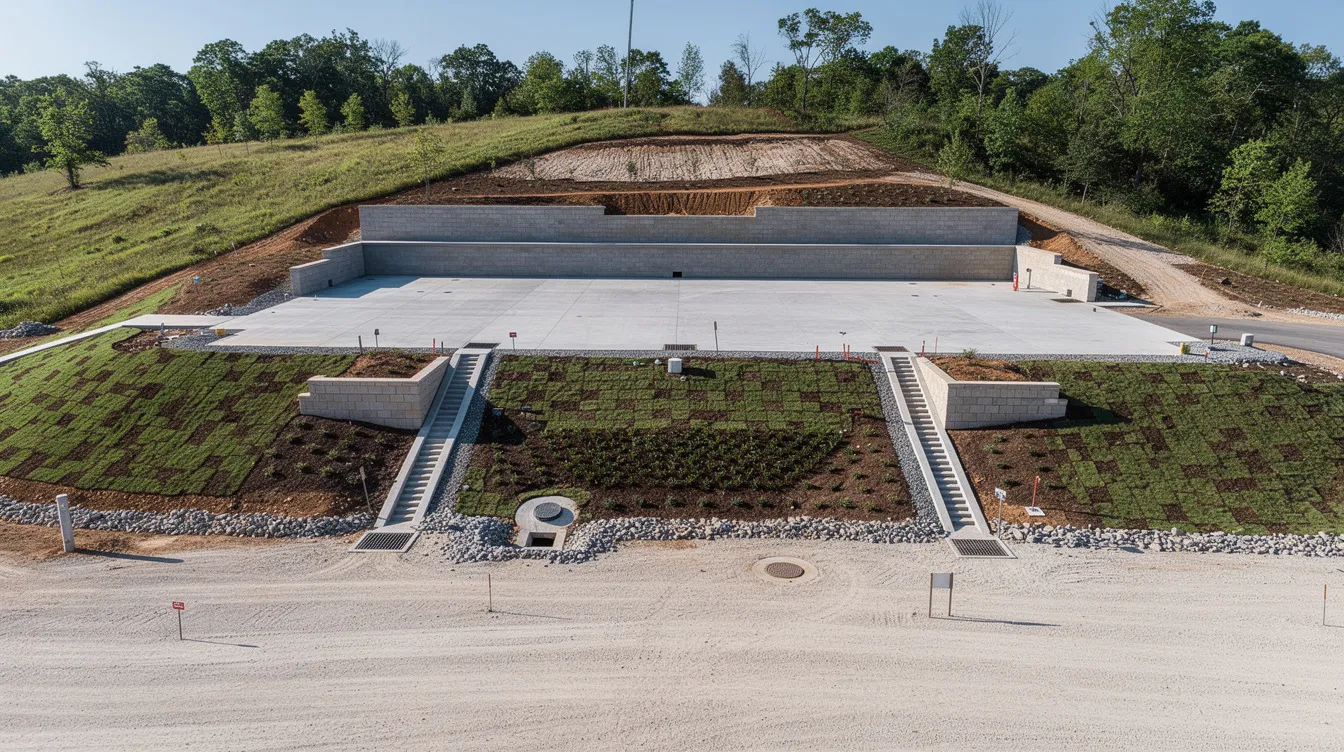 The image depicts a completed development platform featuring landscaped slopes, sturdy retaining walls, and a well-designed drainage infrastructure, all essential elements in civil engineering design for earthworks and platform levels. This project showcases effective project management and compliance with approval processes, ensuring the deliverables meet client expectations and acceptance criteria.
