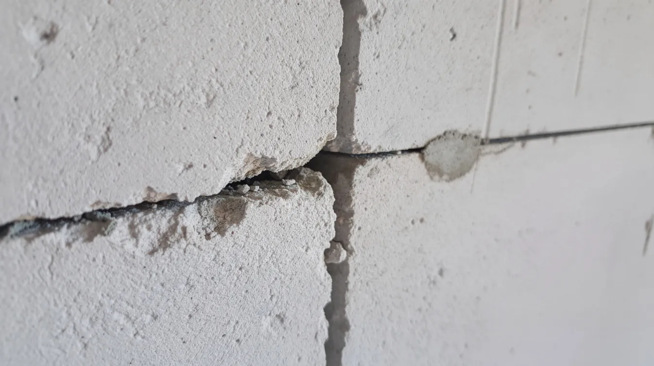 A close-up photograph shows a visible crack at a construction joint, highlighting a typical defect that may arise during the defects liability period of a construction project. This image illustrates the importance of quality workmanship and the need for proper project management to address such issues before final account settlement.