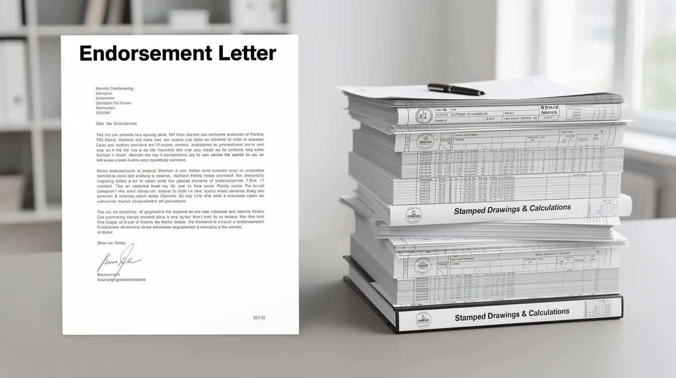 The image depicts a comparison between a single-page generic endorsement letter and a comprehensive stack of stamped drawings and bound calculations, highlighting the structural elements necessary for ensuring structural integrity in building projects. This visual emphasizes the importance of professional engineer endorsements, as mandated by Singapore's building control act, for maintaining structural safety during complex renovations and construction works on site.