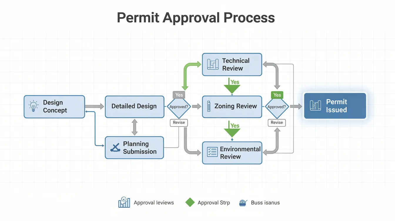 The image is a flowchart illustrating the sequential steps involved in obtaining a construction work permit, starting from the design concept to permit issuance, with various branching approval paths that reflect the requirements set by the Building and Construction Authority (BCA). It highlights essential actions such as submitting applications, obtaining approvals, and ensuring compliance with URA guidelines for construction projects on private residential properties.