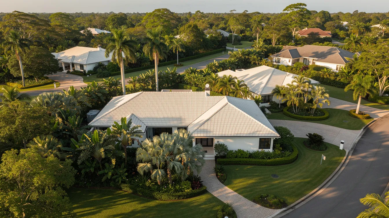 An aerial view captures a spacious bungalow nestled amidst lush, mature tropical trees in a serene low-density residential area. This image highlights the harmonious integration of the property with its natural surroundings, which may require adherence to building control regulations and submission of detailed structural plans for any construction or renovation projects.