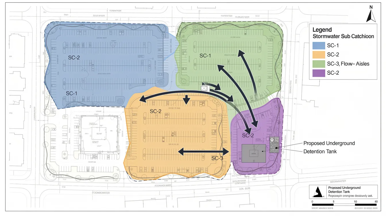 The image depicts a plan view diagram of a commercial site, segmented into color-coded sub-catchments, with arrows illustrating the flow direction towards a proposed underground detention tank location. This layout highlights the drainage design and site constraints in compliance with Singapore's public drainage system and the sewerage and drainage act.