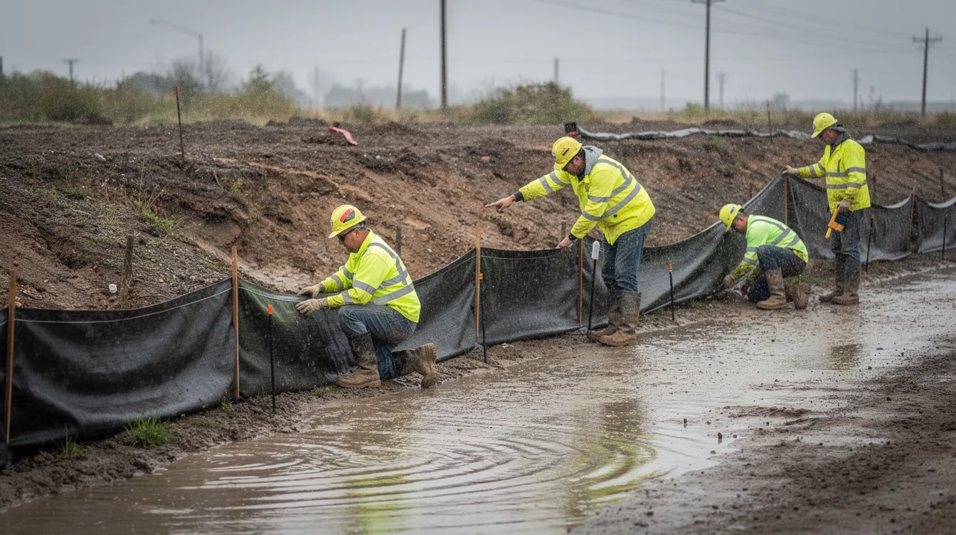 Construction workers are inspecting a silt fence along a drainage channel during heavy rain, ensuring compliance with earth control measures to prevent silty discharge into public drains. The scene highlights the importance of regular checks by qualified erosion control professionals to manage surface water drainage effectively during the northeast monsoon season.