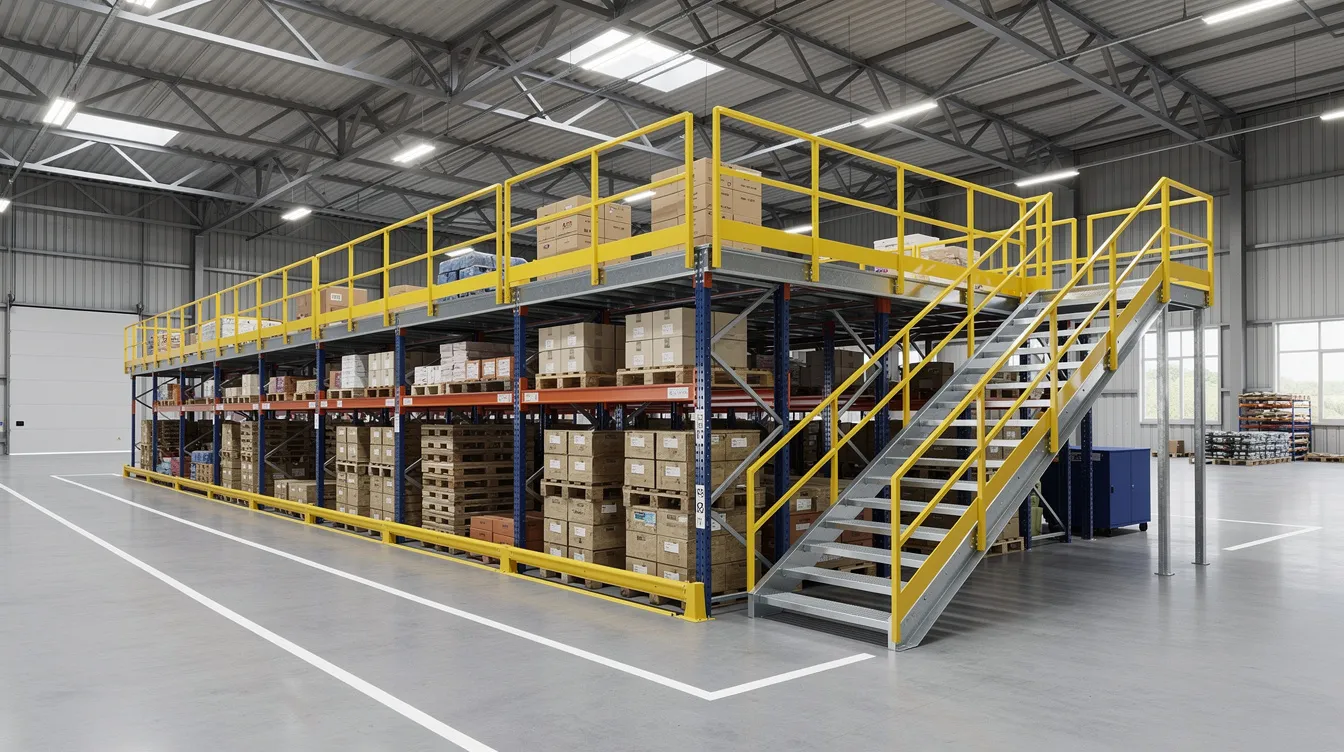The image shows a completed industrial mezzanine structure within a warehouse, featuring robust storage racking and safety handrails, emphasizing the importance of structural integrity and efficient use of space in construction projects. This design enables enhanced efficiency and cost savings while meeting regulatory requirements.