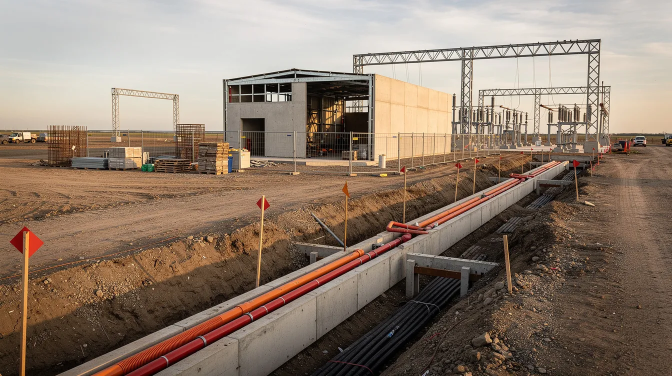 The image depicts an industrial substation building under construction on a cleared plot, with visible utility trenches and cable ducts. The site is likely undergoing the approval process, involving necessary submissions and evaluations by relevant authorities like JTC Corporation and the Urban Redevelopment Authority.