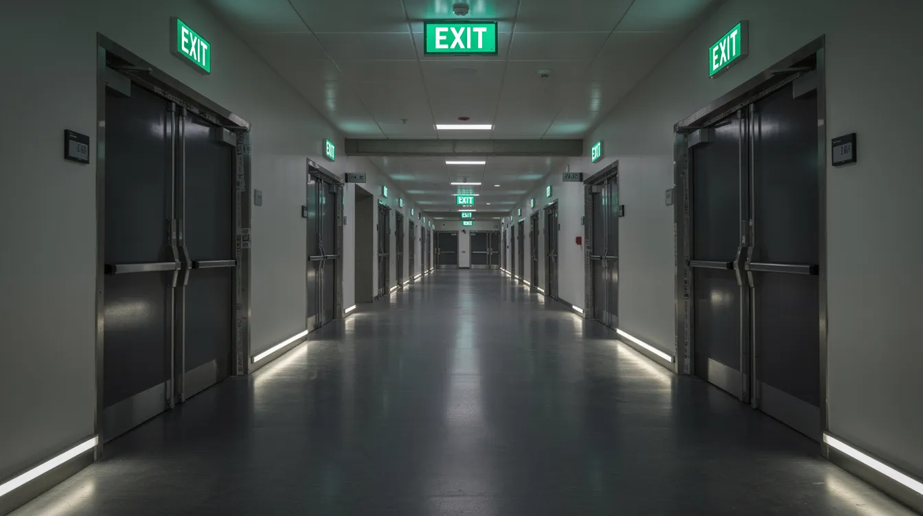 The image depicts a building corridor featuring illuminated exit signs, emergency lighting strips, and fire-rated doors, emphasizing essential fire safety provisions. This setup is crucial for ensuring compliance with fire safety regulations and facilitating safe escape routes in case of emergencies.