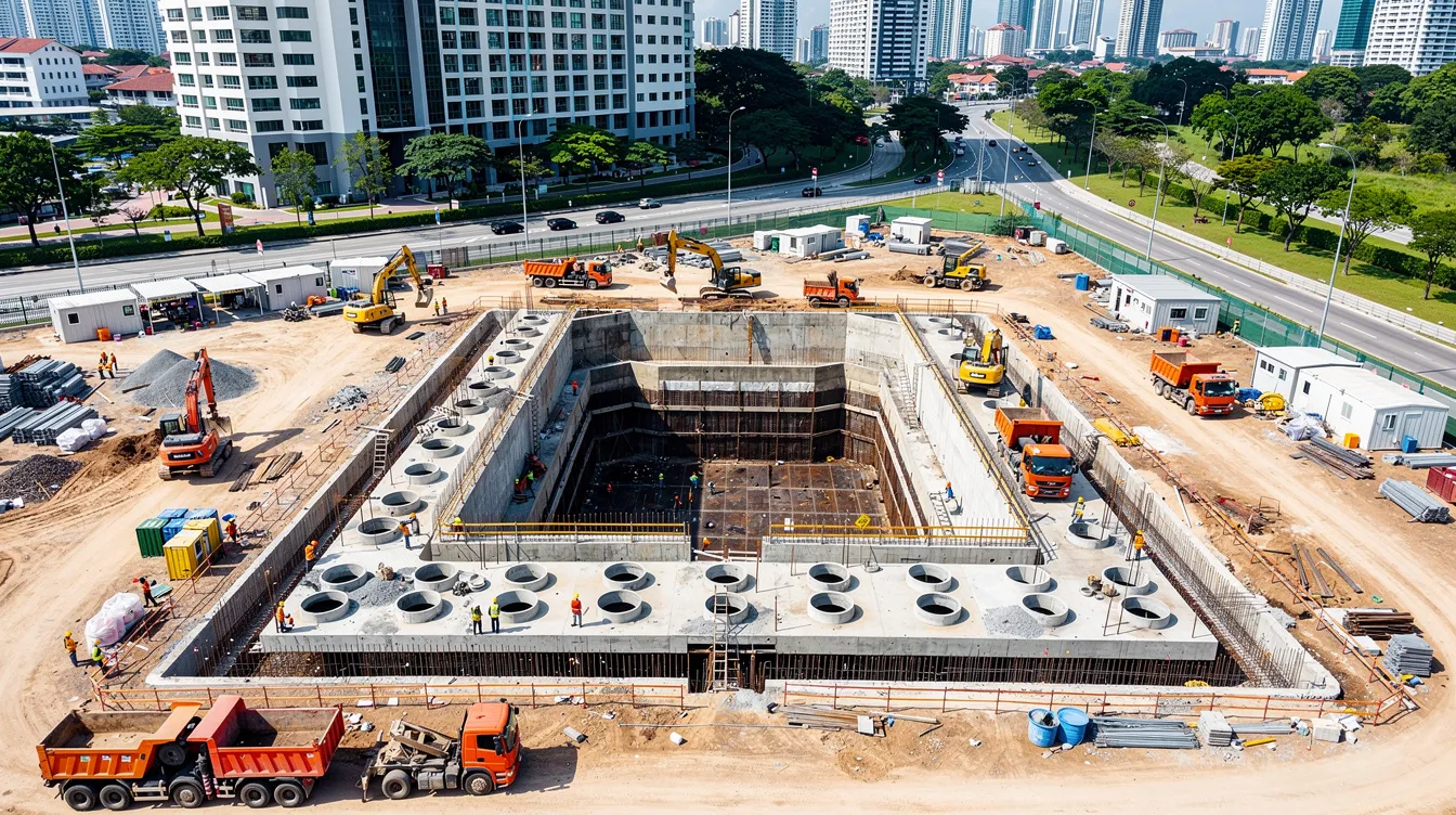 An overhead view of a large commercial development site in Singapore shows visible underground tank excavation alongside a complex network of drainage infrastructure, including detention tanks designed to manage surface water drainage in accordance with the sewerage and drainage act. The image highlights the architectural layout and site plan, reflecting the project's adherence to PUB requirements and the importance of effective drainage design for managing peak runoff during intense rainfall.