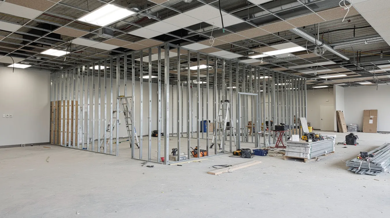 The image shows ongoing renovation works inside a commercial unit, highlighting the installation of a ceiling grid and the framing of partitions. This project involves important fire safety provisions, including compliance with SCDF fire safety regulations and the necessary fire safety submissions for the building.