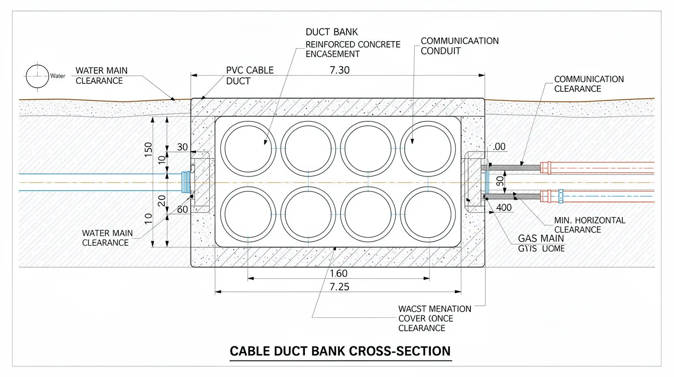 The image depicts a cross-section diagram of a cable duct bank, illustrating reinforced concrete encasement, multiple cable ducts, and clearance dimensions to adjacent utility services. This detailed layout is essential for understanding the approval process and regulatory compliance necessary for projects involving jtc plan consent and utility works in jtc estates.