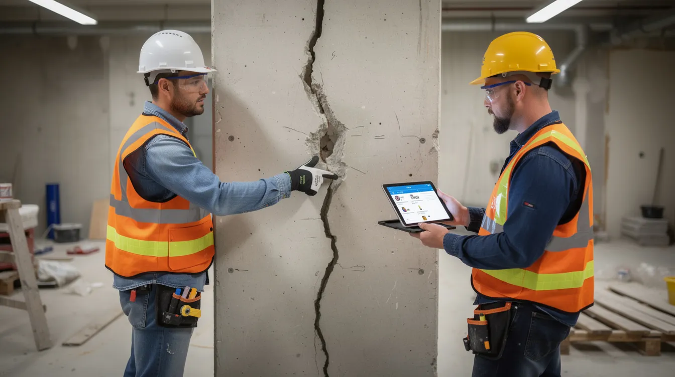 The image shows engineers on a construction site conducting a joint inspection of a wall defect, using a tablet device for digital documentation. This process is essential for managing the defects liability period and ensuring quality control within the construction project.