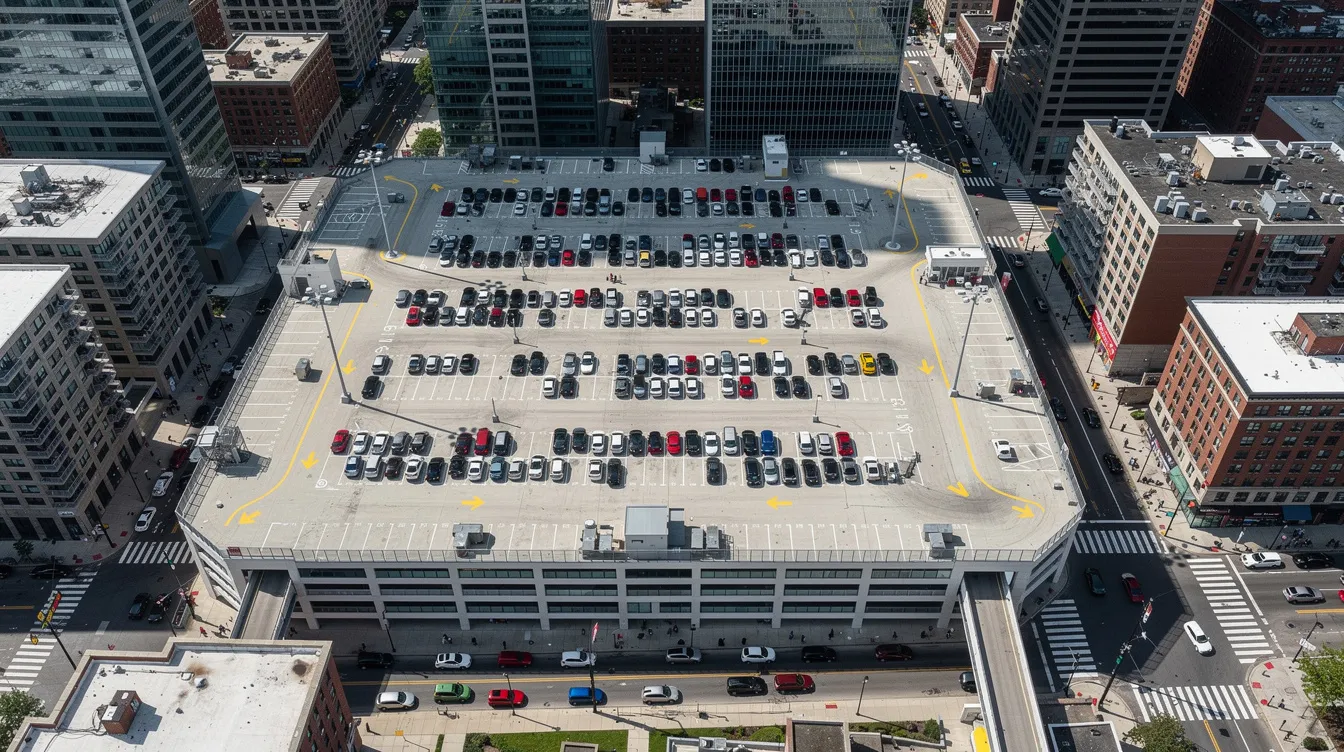 An aerial view captures a large multi-storey car park rooftop surrounded by various urban buildings, highlighting the structural elements and layout. This image underscores the importance of periodic structural inspections (PSI) for maintaining structural integrity and ensuring public safety in non-residential buildings.