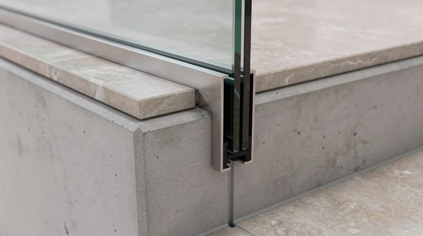 The image shows a close-up view of a glass balustrade channel embedded within a slim concrete stair edge, featuring a stone tread overlay. This design exemplifies modern staircase structural design, highlighting the integration of reinforced concrete and aesthetic elements for enhanced safety and visual appeal.
