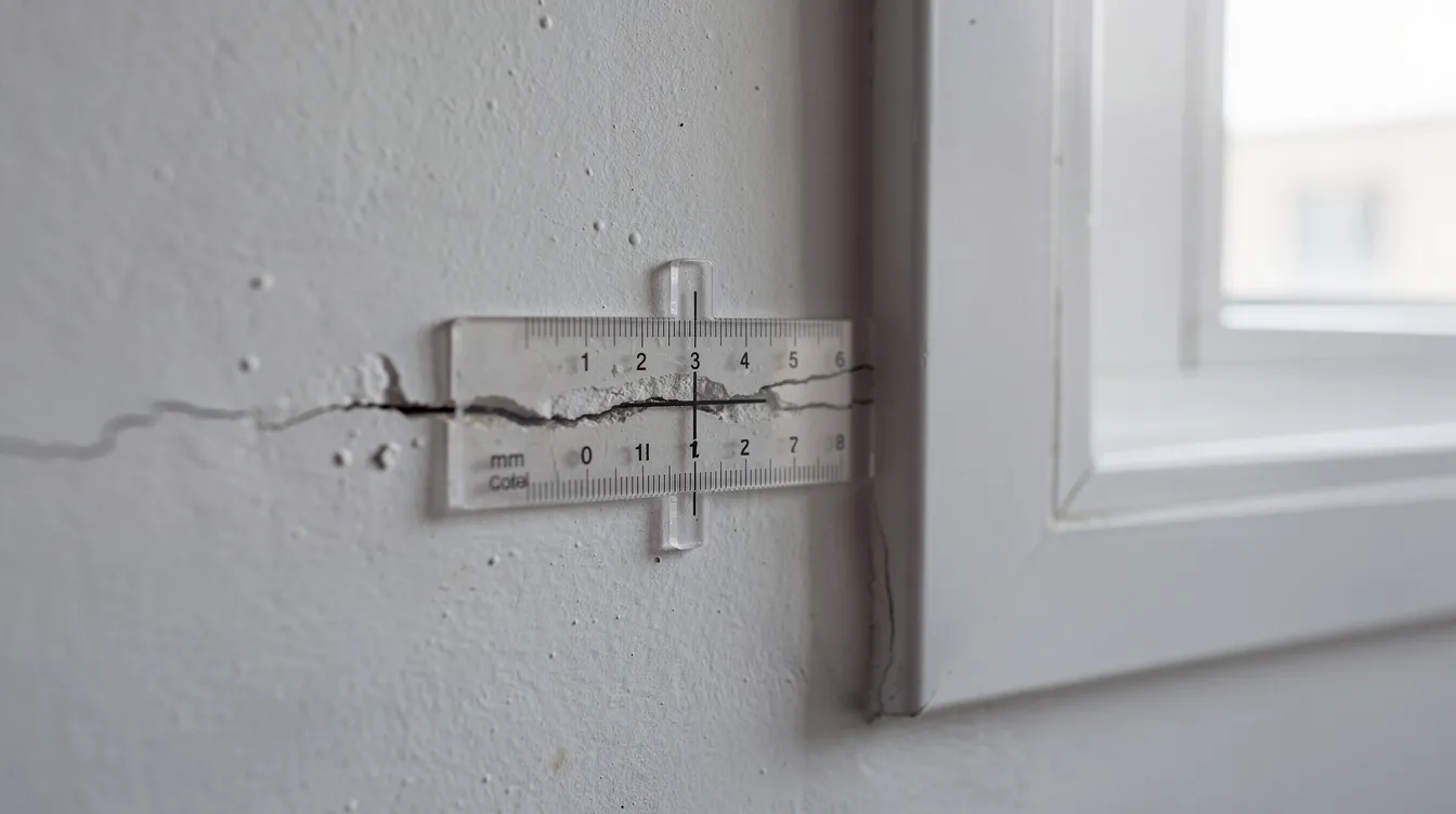 A close-up view of a crack gauge positioned against a hairline crack on an interior wall near a window frame, indicating the need for a periodic structural inspection to assess any potential structural defects. This visual inspection is crucial for maintaining the structural integrity of residential buildings and ensuring compliance with the Building Control Act in Singapore.