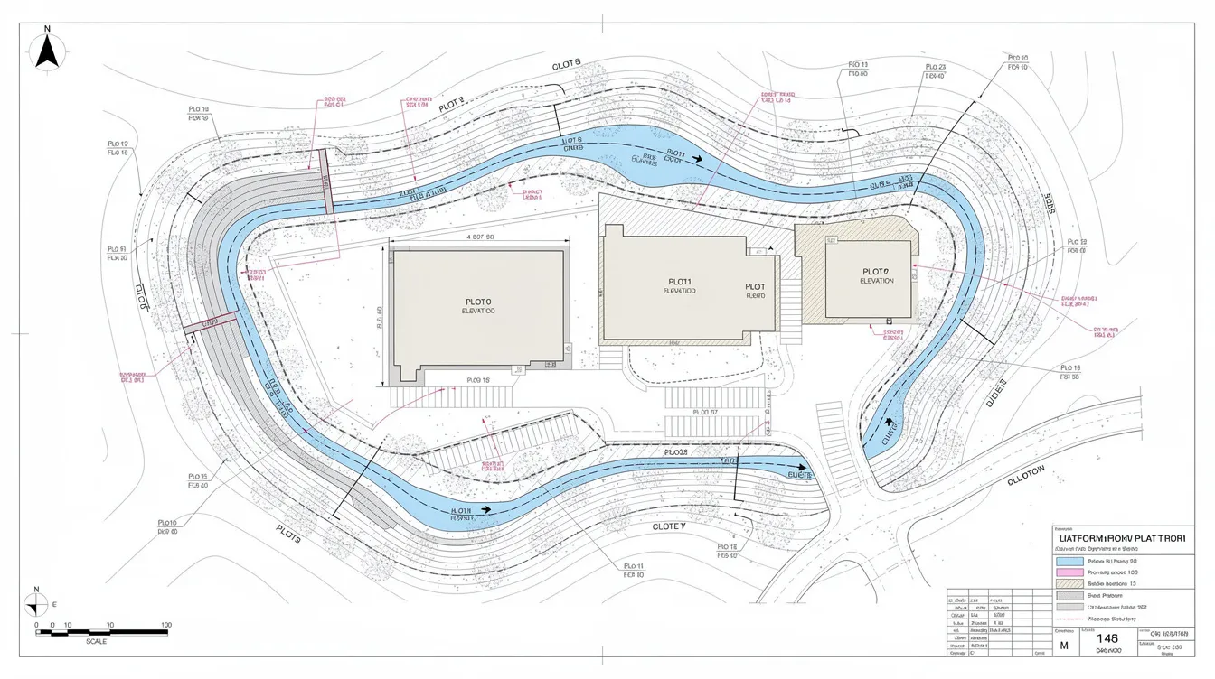 The image depicts a detailed plan view of a site layout, featuring contour lines that indicate elevation changes, drainage paths for water management, and designated building platform zones. This layout is essential for civil engineering design, ensuring compliance with Singapore codes and facilitating the approval process for project management.