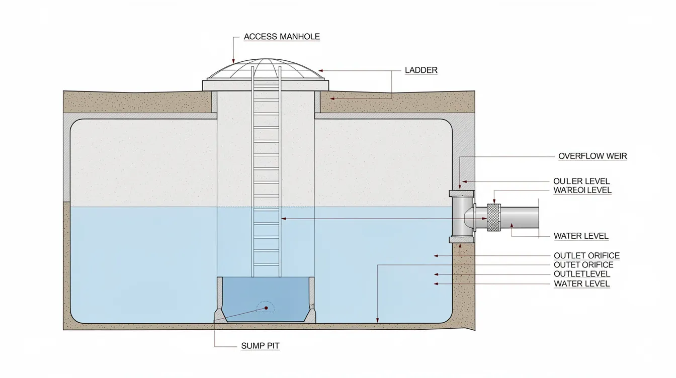 The image depicts an annotated cross-section diagram of an underground detention tank, featuring an access manhole at ground level, an internal ladder, a sump pit, an outlet orifice, and an overflow weir marked with water level indicators. This detailed drawing illustrates key components essential for understanding the drainage design and compliance with Singapore's national water agency regulations.