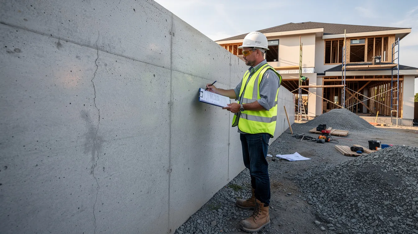 An engineer is inspecting a concrete retaining wall at a residential construction site, ensuring compliance with building control regulations and structural safety standards. The inspection focuses on verifying the structural elements against approved plans and assessing any potential unauthorised works that may pose legal liabilities for property owners.
