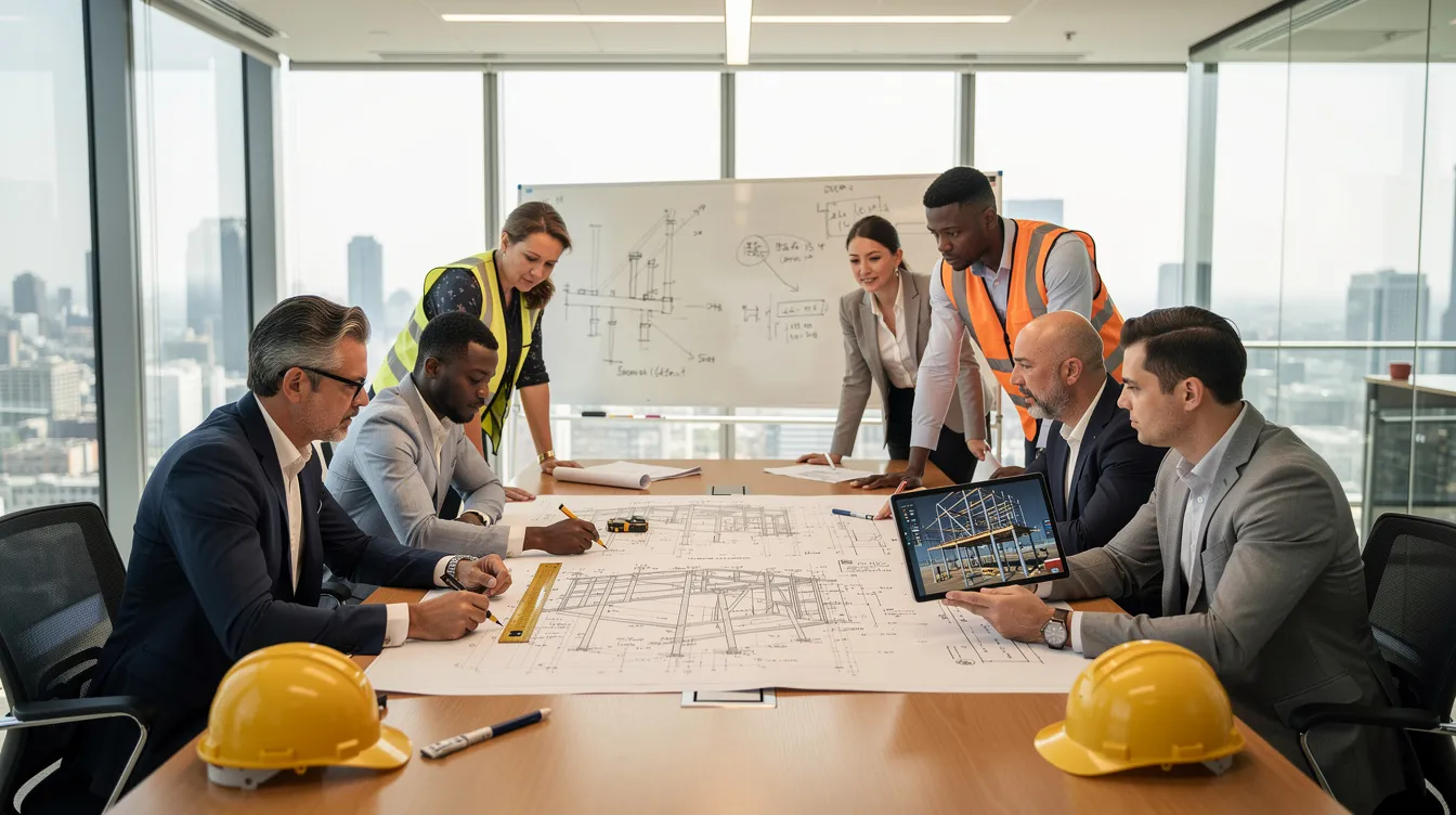 The image depicts an office meeting room where a group of engineers, including qualified professionals, are gathered around a large table, reviewing detailed structural drawings and building plans. They are engaged in discussions about project complexity, compliance with building and construction authority regulations, and the necessary submission requirements for plan approval in Singapore projects.