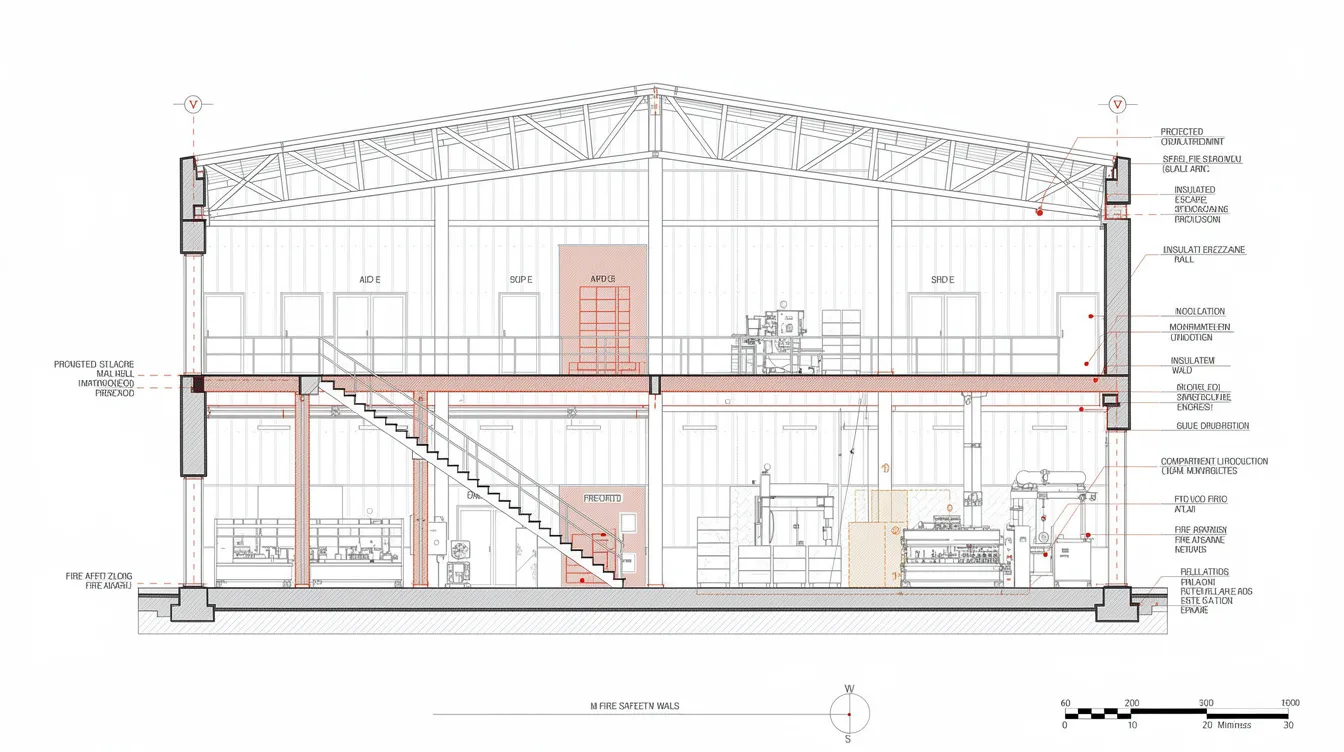The image is an architectural cross-section drawing of a factory unit, clearly illustrating the mezzanine level, staircase, and designated fire safety zones. The layout highlights the importance of compliance with building regulations and fire safety standards, showcasing the mezzanine floor construction and various escape routes necessary for structural safety.