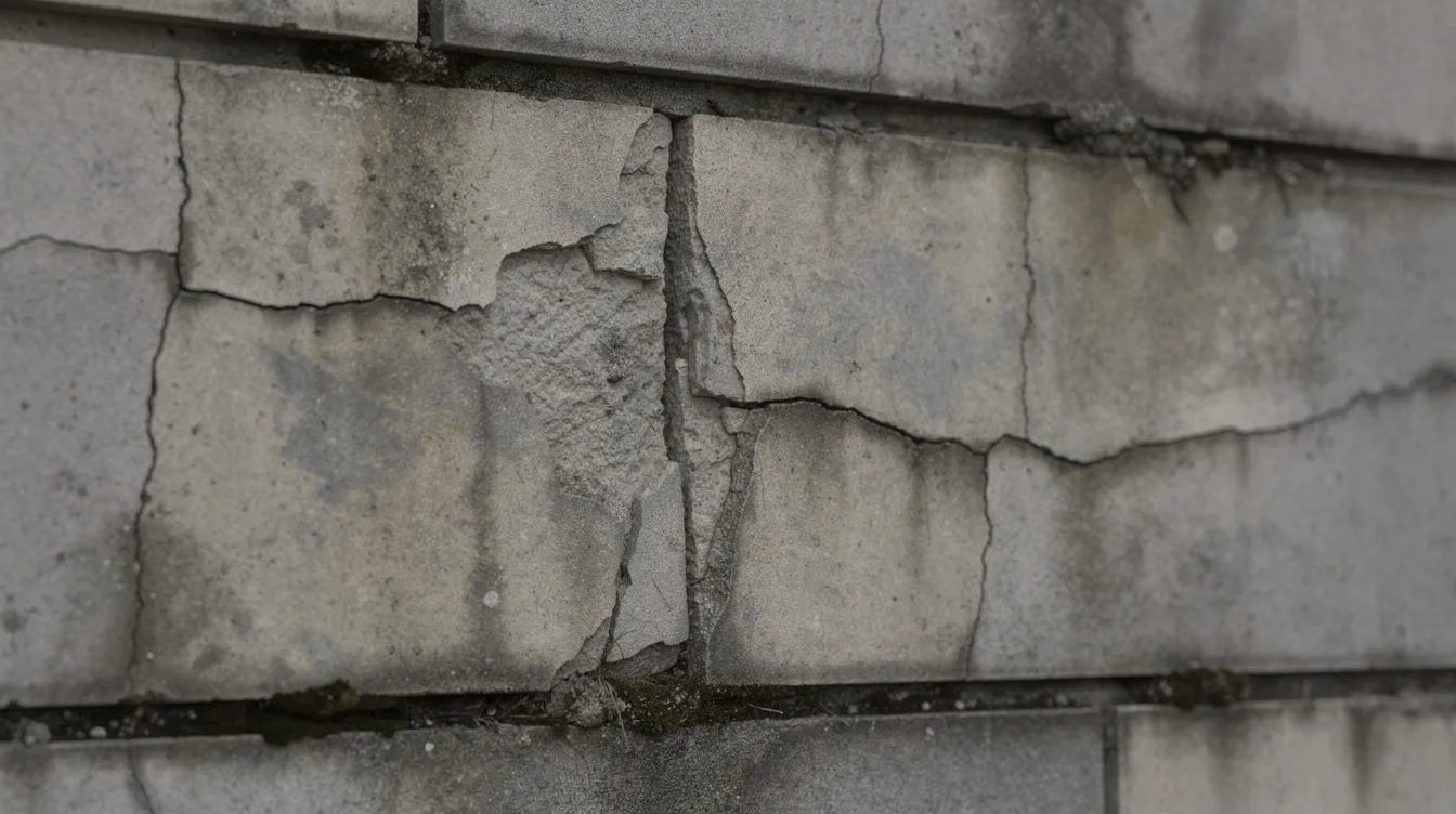 The image shows a close-up view of weathered and cracked exterior building tiles on a concrete façade, highlighting visible water staining and material deterioration. This condition emphasizes the importance of periodic façade inspection to identify façade defects and ensure public safety in accordance with the Building Control Act.