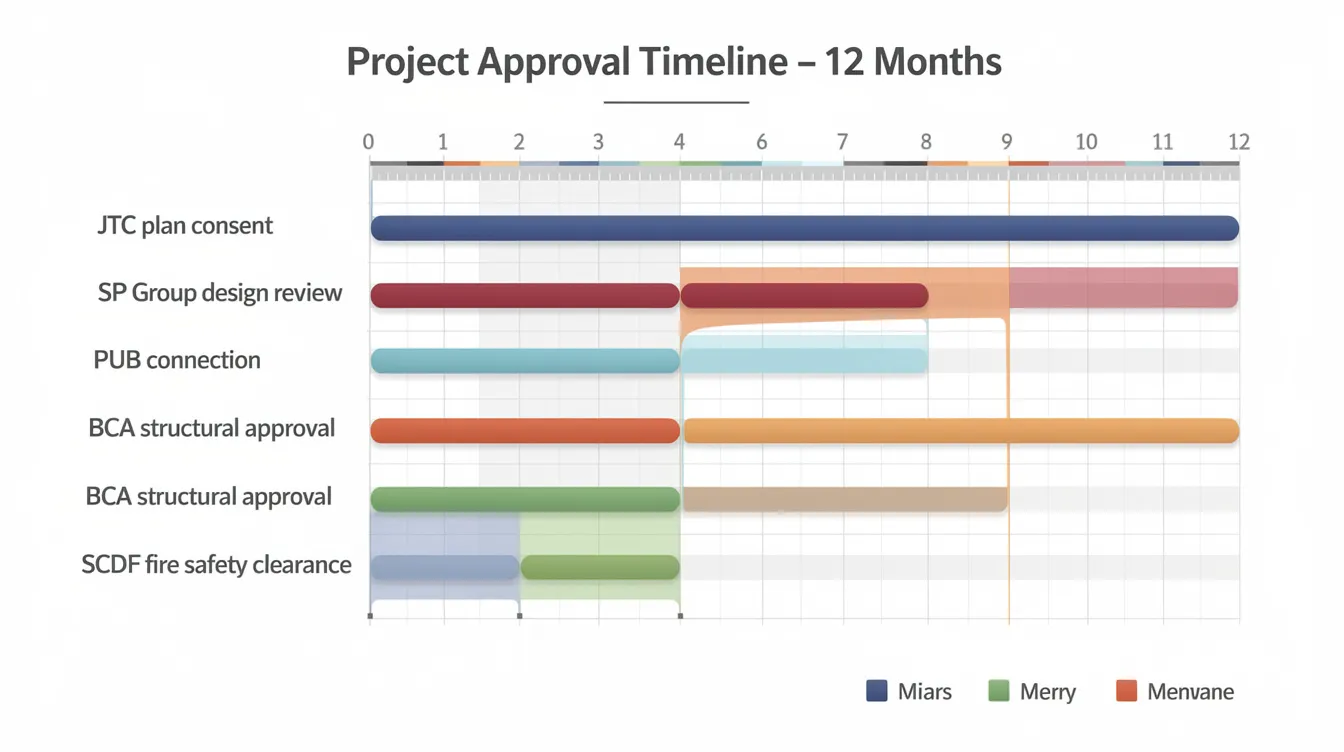 The image depicts a Gantt chart illustrating the overlapping approval timelines for various stages of a project, including JTC plan consent, SP Group design review, PUB connection, BCA structural approval, and SCDF fire safety clearance, highlighting the complex approval process across a twelve-month period. This visual representation emphasizes the necessary approvals and evaluation stages required from relevant authorities for successful project completion.