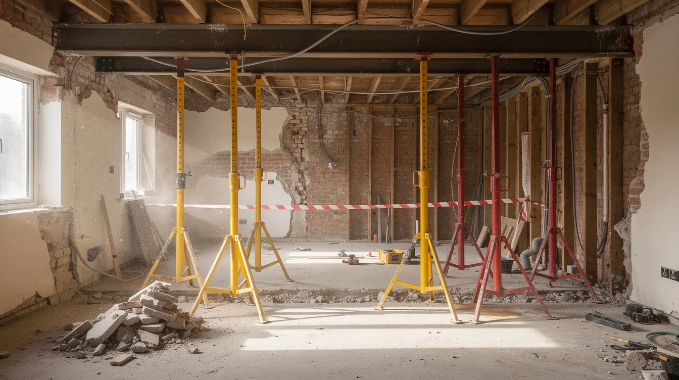 The image depicts a construction site within a semi-detached house, highlighting careful structural demolition work with temporary steel supports in place to ensure structural integrity. This interior renovation showcases the ongoing process of removing load-bearing walls while maintaining the existing structure's safety.