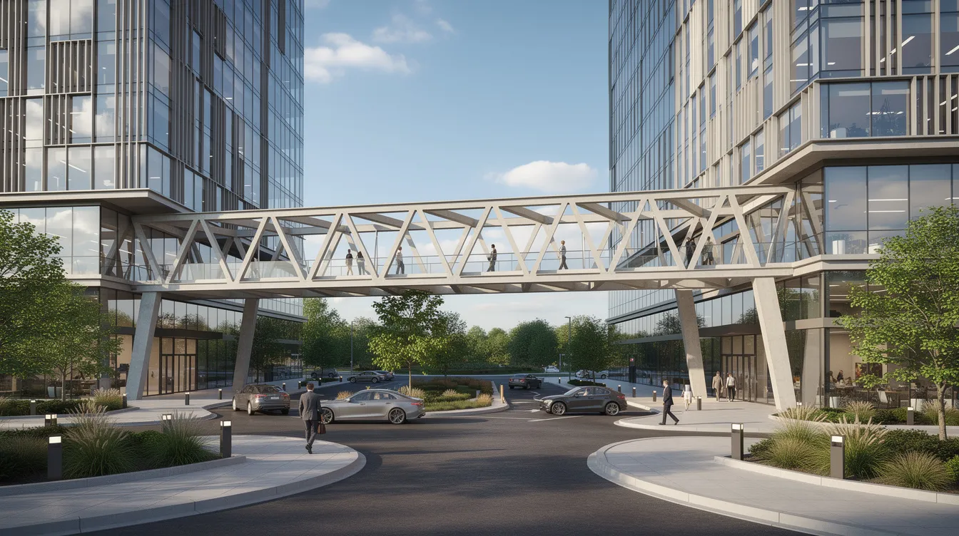 The image depicts an elevated steel and concrete pedestrian bridge that connects two modern commercial towers, overlooking a landscaped drop-off area below. This bridge showcases key structural elements that adhere to building control regulations and is designed for safe pedestrian access, emphasizing the importance of structural safety in urban development projects.