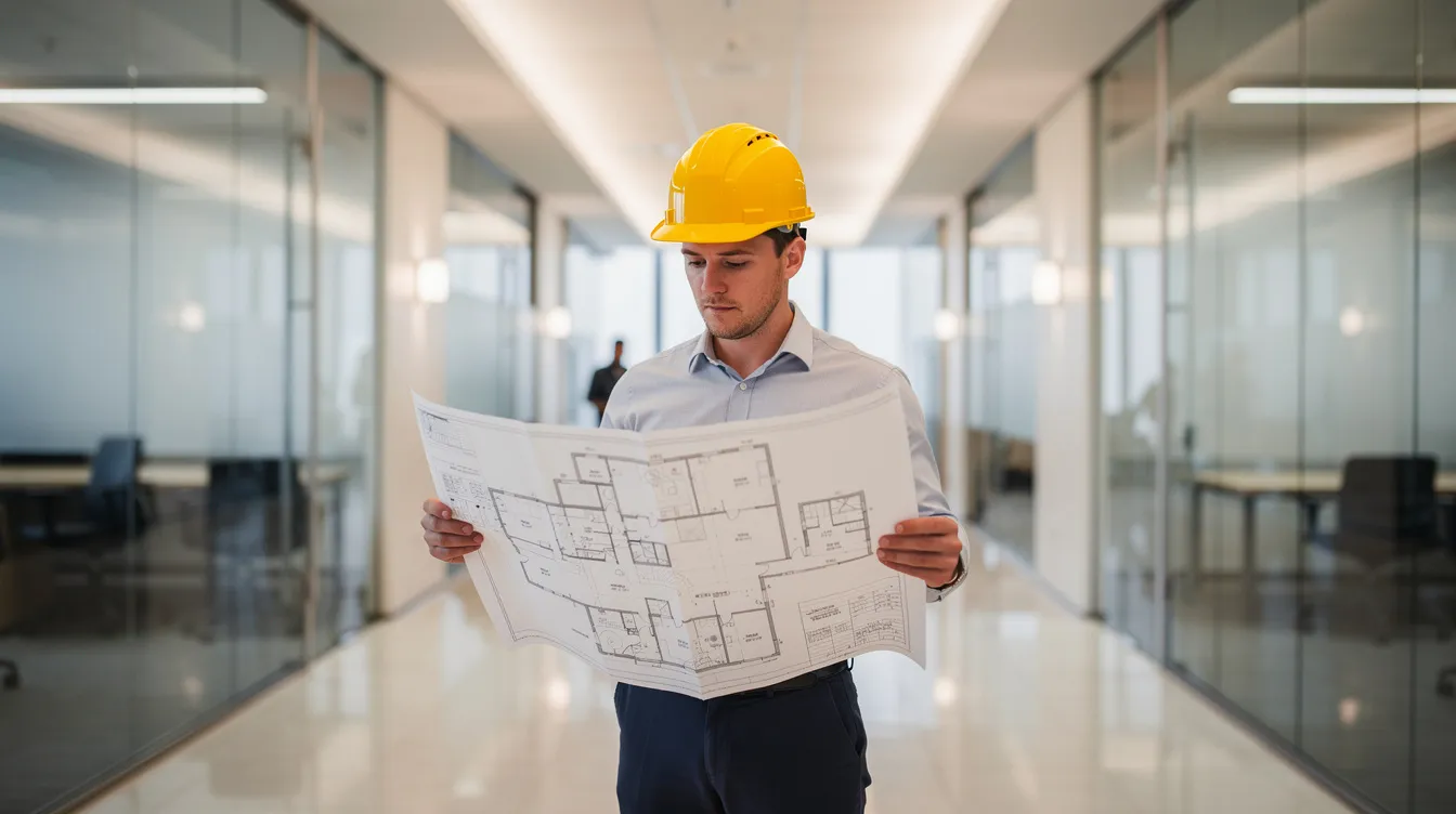 An engineer wearing a safety helmet is reviewing detailed building plans in an office corridor, emphasizing the importance of periodic structural inspections to ensure the structural integrity of commercial buildings. The scene highlights the role of licensed structural engineers in adhering to Singapore's building control regulations and maintaining public safety.