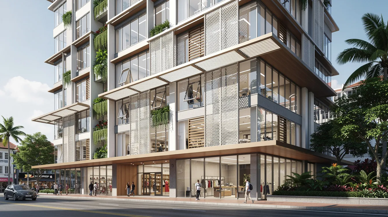 The image depicts a 3D render of a contemporary commercial facade in Singapore, showcasing innovative shading elements and features for natural ventilation. This architectural design emphasizes sustainability and creativity, reflecting the forward-thinking approach of leading architecture firms in Southeast Asia.