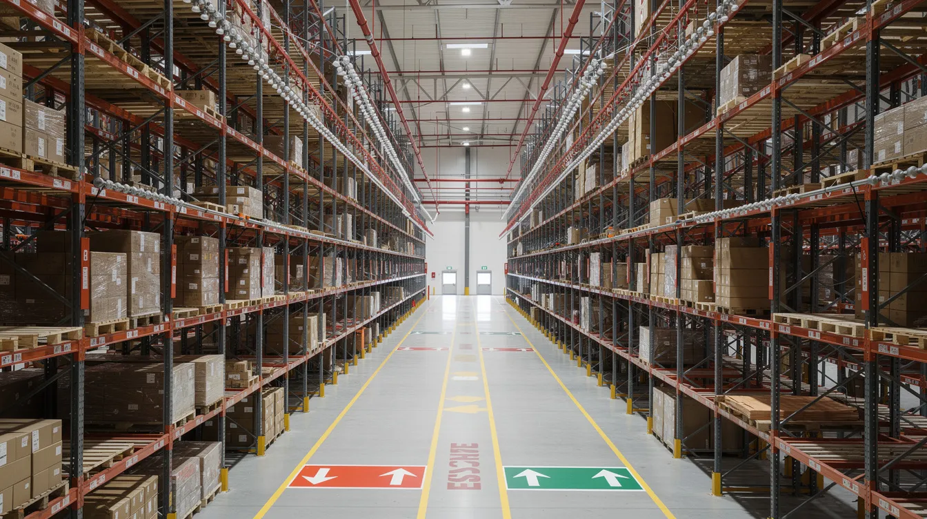 The image depicts the interior of a warehouse featuring high-bay racking systems, equipped with an overhead sprinkler system, and clearly marked escape routes between the storage aisles, emphasizing compliance with fire safety regulations and fire protection systems. This layout supports the fire safety plan and ensures adherence to SCDF fire safety requirements for industrial spaces.