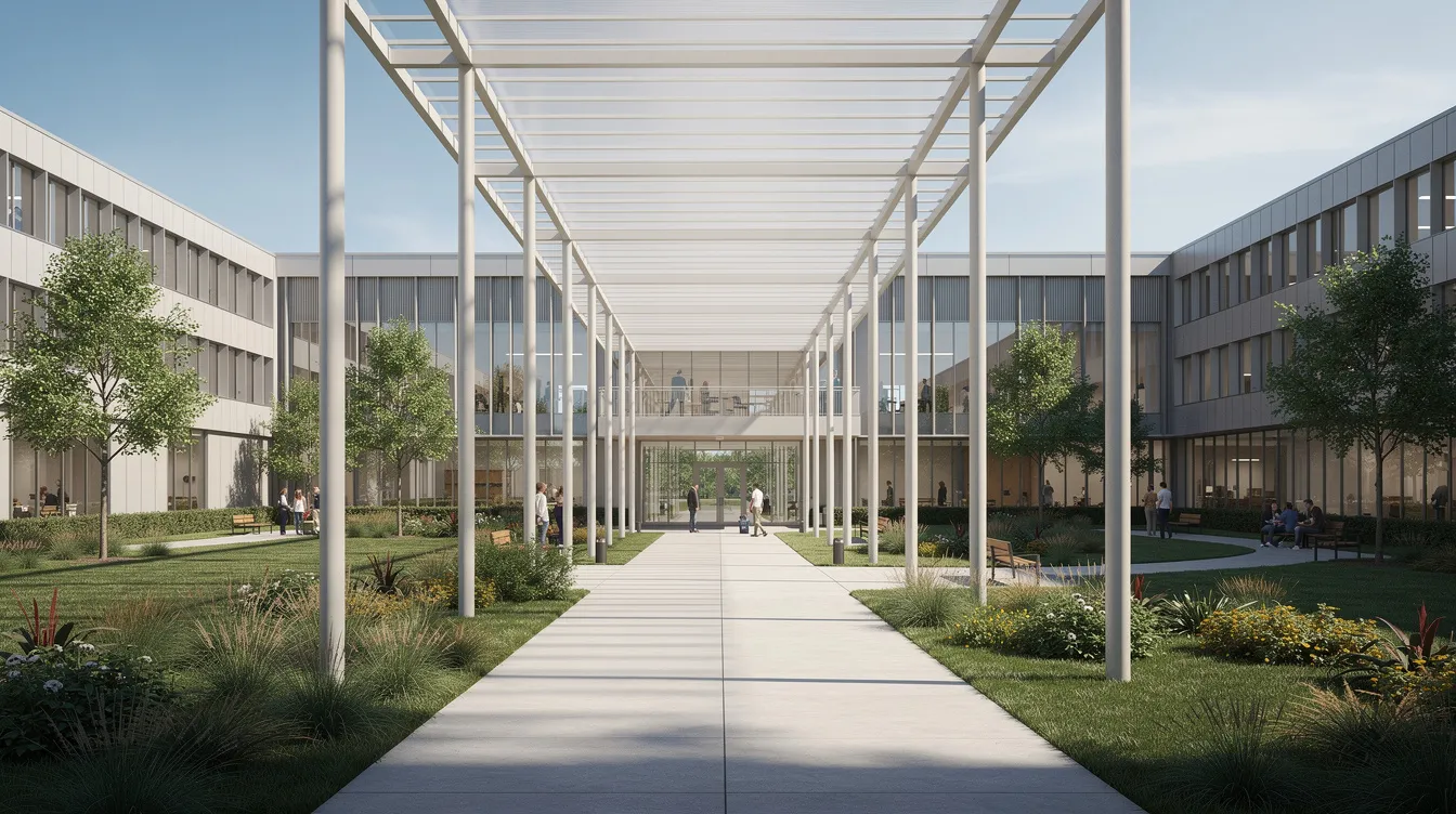 The image depicts a wide covered walkway featuring sturdy columns and a lightweight roof, seamlessly connecting two campus buildings across a beautifully landscaped courtyard. This pedestrian overhead bridge is designed with accessibility features, adhering to building control regulations and ensuring structural safety in accordance with Singapore's building control act.