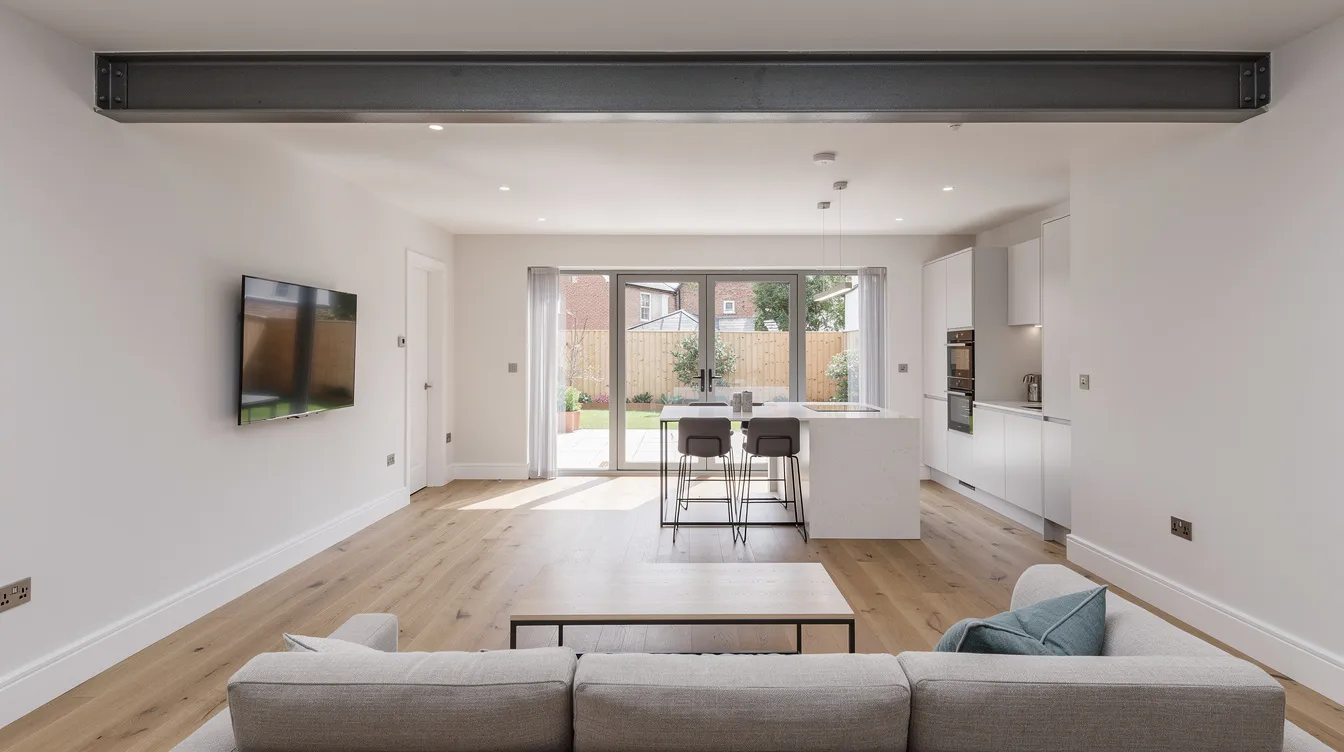 The image depicts the open-plan ground floor of a semi-detached house featuring modern finishes, with a visible steel beam above where a load-bearing wall has been removed. This interior renovation showcases a spacious layout, highlighting the structural changes made for an enhanced living space.