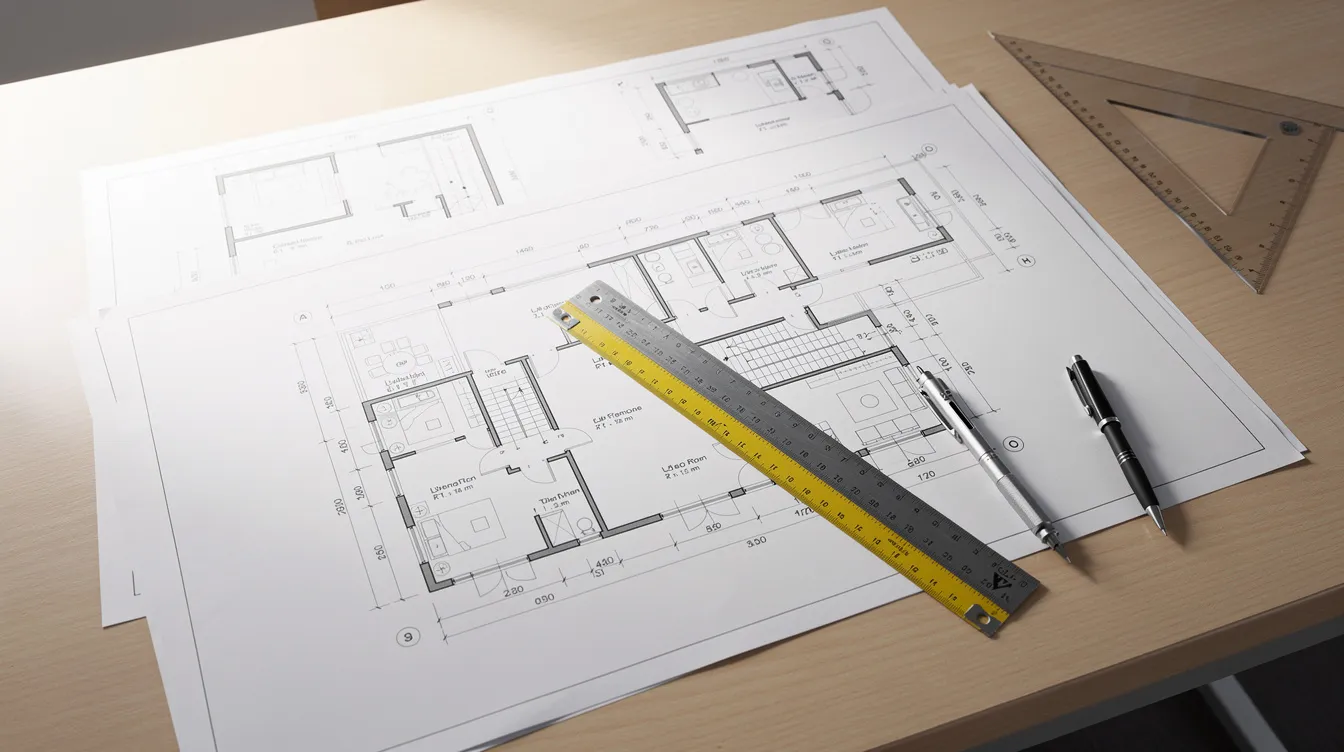 The image shows architectural floor plans and detailed drawings spread out on a desk, accompanied by measuring tools and pens. This setup is essential for renovation projects, ensuring compliance with fire safety regulations and the necessary fire safety approvals required by the Singapore Civil Defence Force (SCDF).