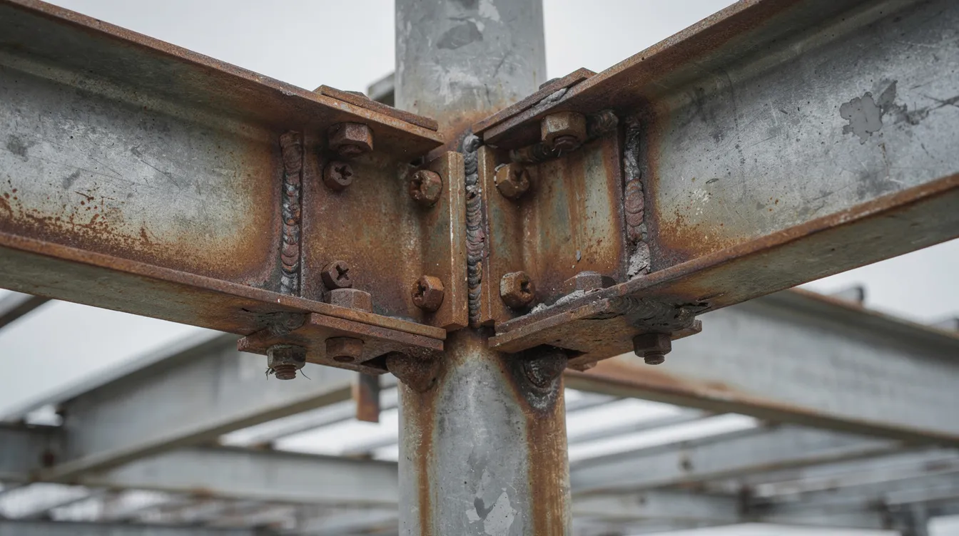 The image shows a close-up view of corroded steel connections on an outdoor canopy structure, highlighting the wear and tear that can affect the structural integrity of the installation. This deterioration emphasizes the importance of following the approval process and ensuring compliance with regulatory requirements for building works.