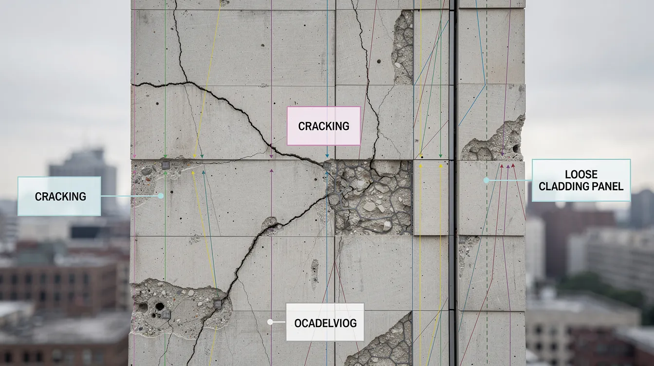 The image depicts an annotated facade of a building, highlighting various issues such as cracks, spalling, and loose cladding panels, with inspection callouts for further assessment. This visual serves as a crucial reference for architecture and design firms in Singapore, emphasizing the importance of structural integrity in contemporary architectural projects.
