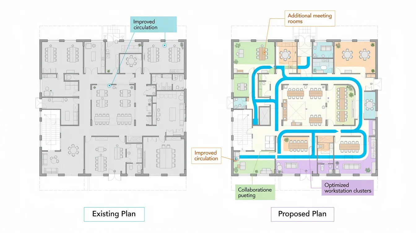 The image displays a side-by-side comparison of existing and proposed office floor plans, featuring color-coded annotations that highlight changes and improvements. This visual aids in understanding the proposed layout and its compliance with applicable fire safety requirements, crucial for the approval process.