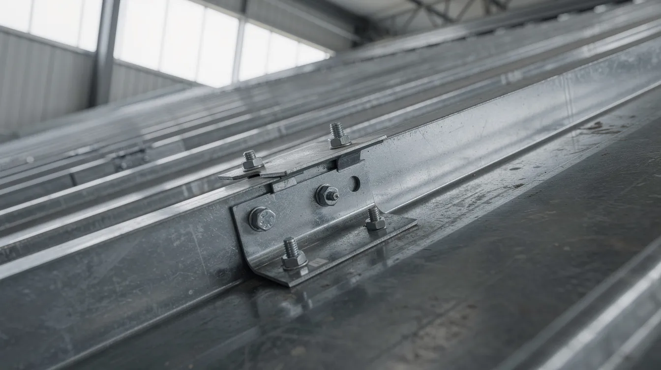 The image shows a close-up view of steel purlins and metal roof decking inside an industrial warehouse, highlighting the structural integrity and materials used in building construction. This setting is crucial for assessing the roof surface for potential rooftop solar panel installation, ensuring compliance with Singapore's building and construction authority regulations.