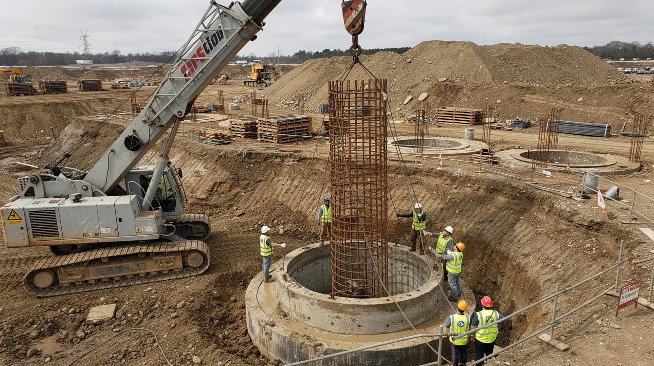 An image depicting a reinforcement cage being lowered into a bored pile shaft by a crane at a foundation construction site, illustrating key structural elements essential for ensuring the structural integrity of building projects in compliance with safety regulations and building control requirements. The scene emphasizes the importance of qualified person supervision and detailed site records in Singapore's construction industry.
