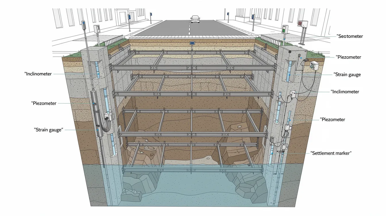 The image depicts a cross-section view of a multi-level basement excavation, showcasing retaining walls, struts, and various monitoring instruments installed at different depths, emphasizing the importance of professional oversight and compliance with approved plans in construction projects. This detailed representation highlights the complexities involved in ensuring structural integrity and safety during the excavation process.