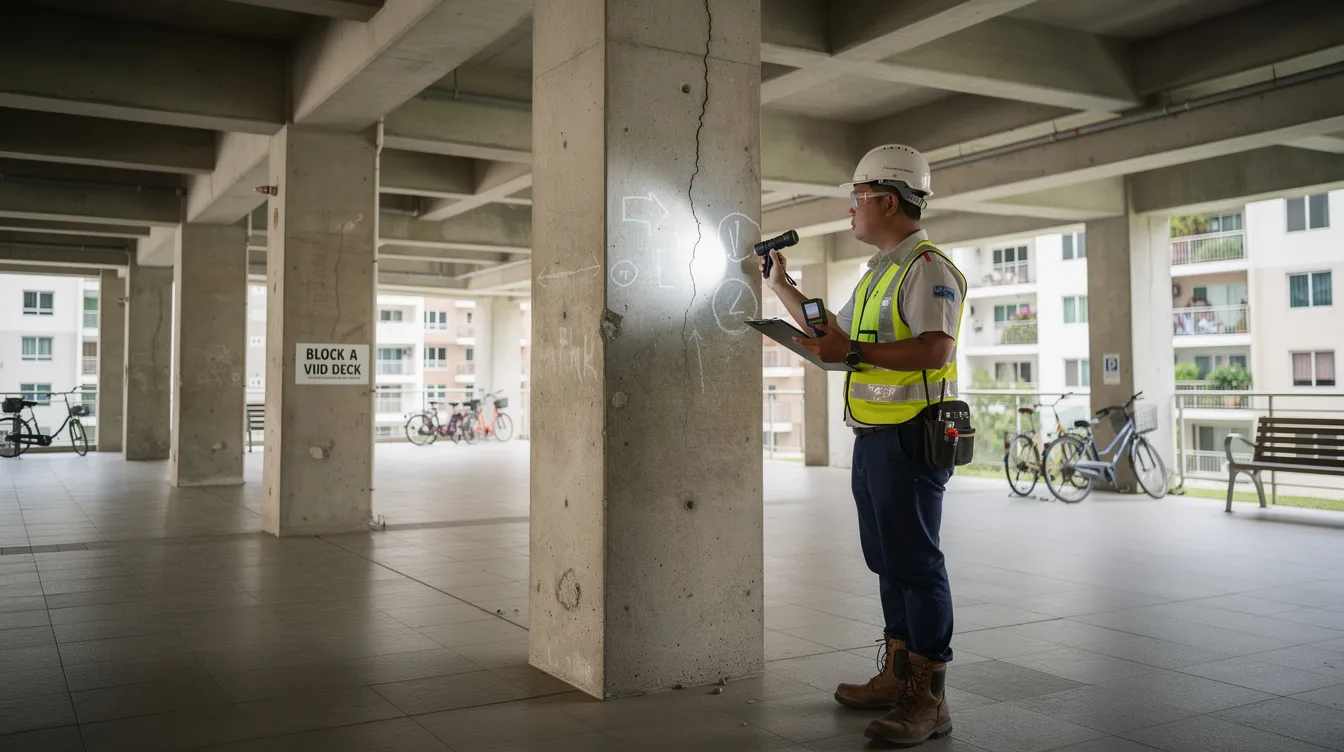 A structural engineer is performing a visual inspection of concrete columns in a condominium void deck area, ensuring compliance with building regulations and assessing any potential compliance risks. This periodic inspection is crucial for maintaining the structural integrity of the building and addressing any issues related to the façade and structural works.