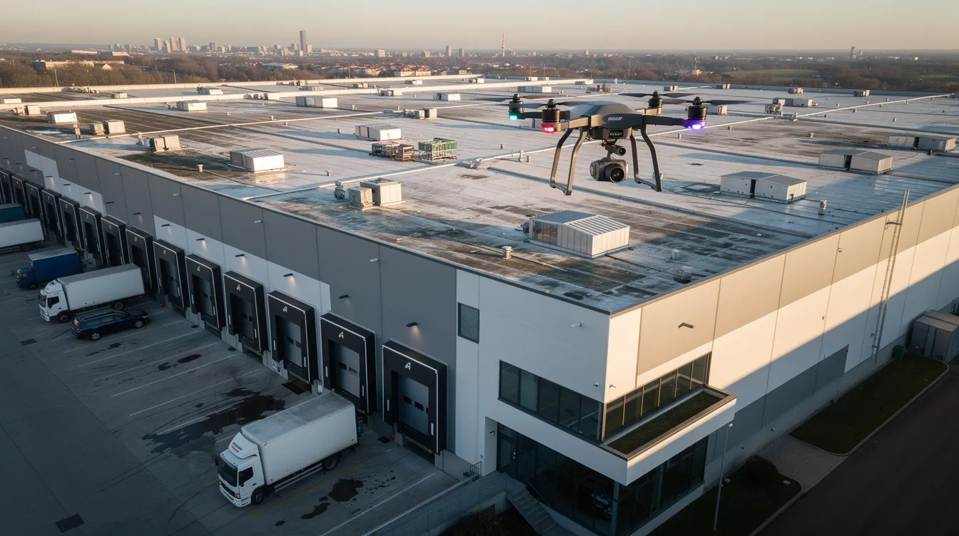 An aerial view showcases a multi-storey warehouse rooftop and its facade, with an inspection drone actively flying above, conducting a periodic façade inspection to ensure structural integrity and compliance with statutory requirements in Singapore. This visual highlights the importance of using advanced technology for facade inspections to detect any potential defects and maintain public safety.