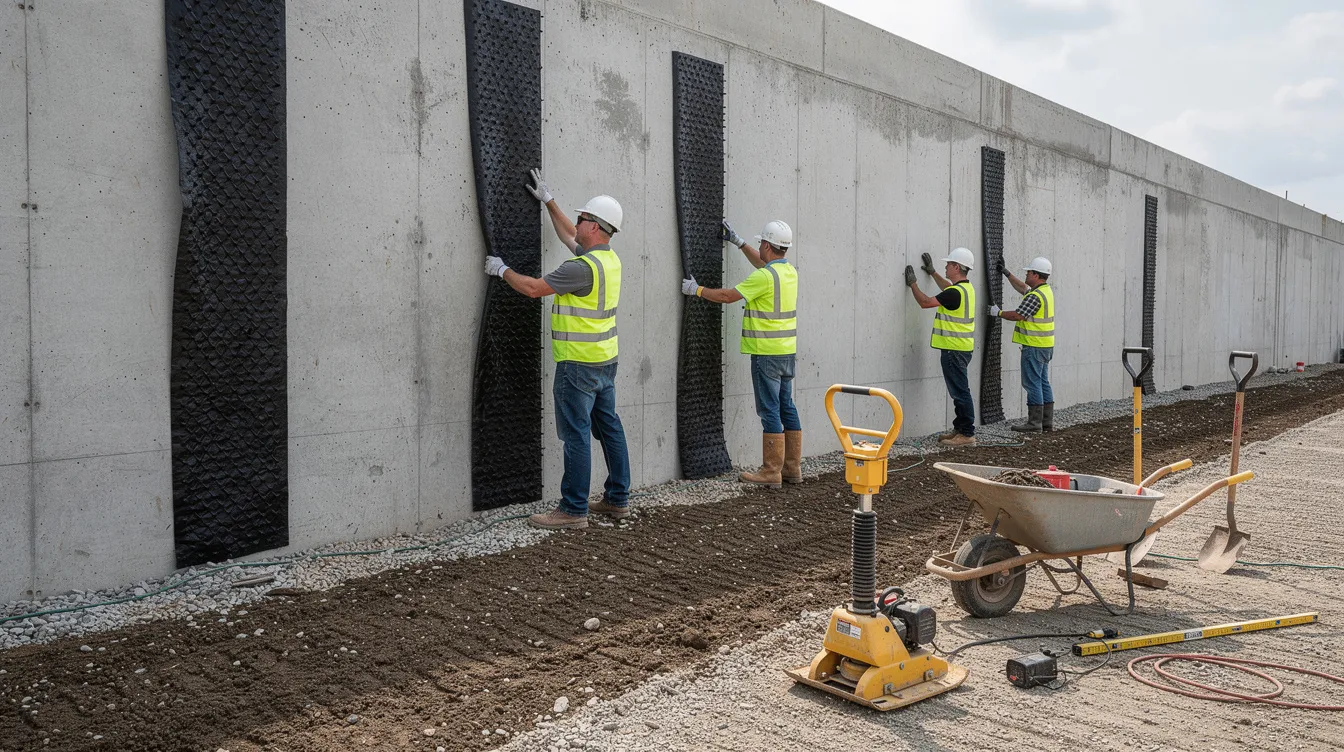 The image depicts construction workers diligently installing drainage geocomposite behind a newly cast retaining wall, with compaction equipment positioned nearby, highlighting the importance of structural integrity and proper drainage systems in civil and structural engineering projects. This process is essential for ensuring the structural safety of the adjacent structures and compliance with building control regulations.