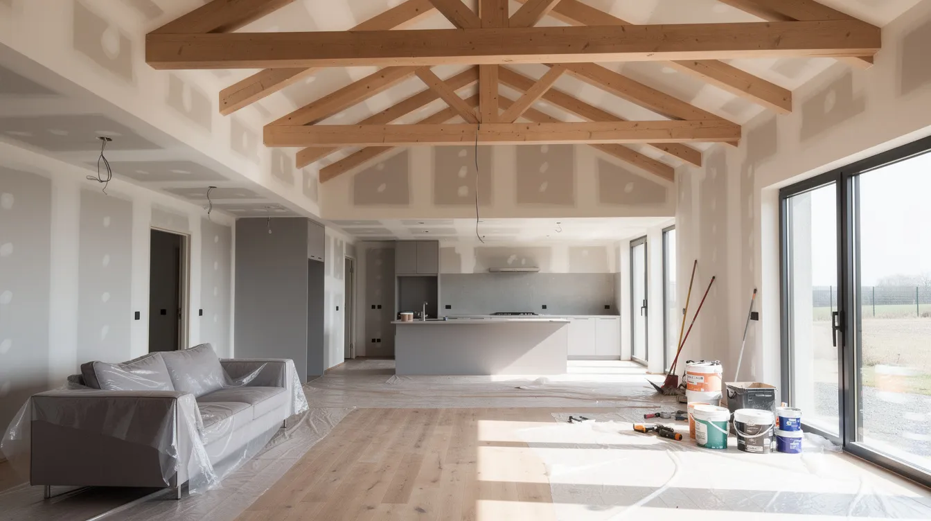 The image depicts a spacious modern bungalow living room undergoing renovation, showcasing exposed structural beams and an open-plan layout. This setting highlights the importance of structural integrity and the complexity involved in the renovation process, making it an ideal space for interior designers to create a functional and aesthetically pleasing environment.