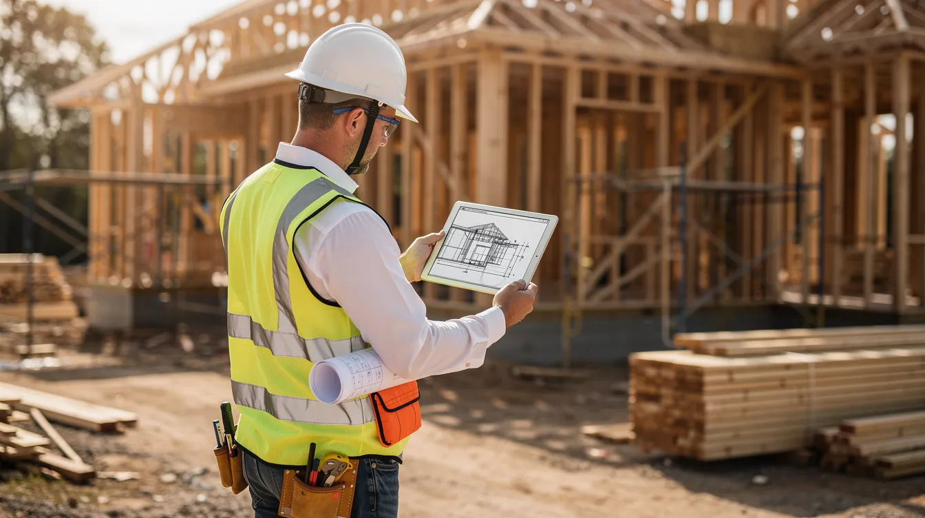 An engineer is intently reviewing structural drawings on a tablet at a residential construction site, ensuring the structural integrity of the building. This task is essential for maintaining safety and planning the entire process of construction and renovation.