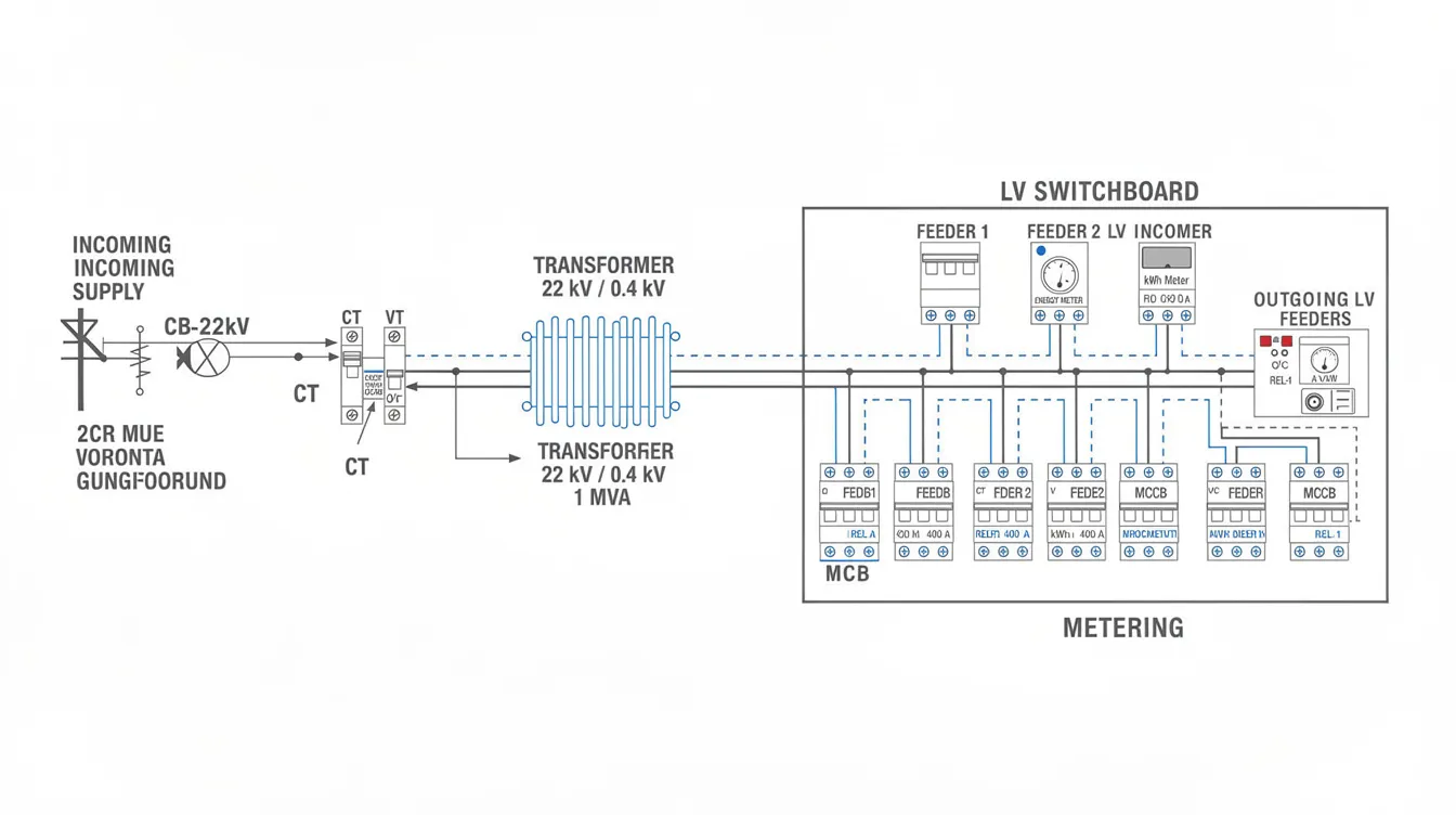 The image is an annotated single-line diagram illustrating the arrangement of a 22kV incoming supply, transformer, low voltage switchboard, metering, and protection relay. This diagram is essential for understanding the approval process and necessary submissions required for projects involving electrical infrastructure in JTC estates.