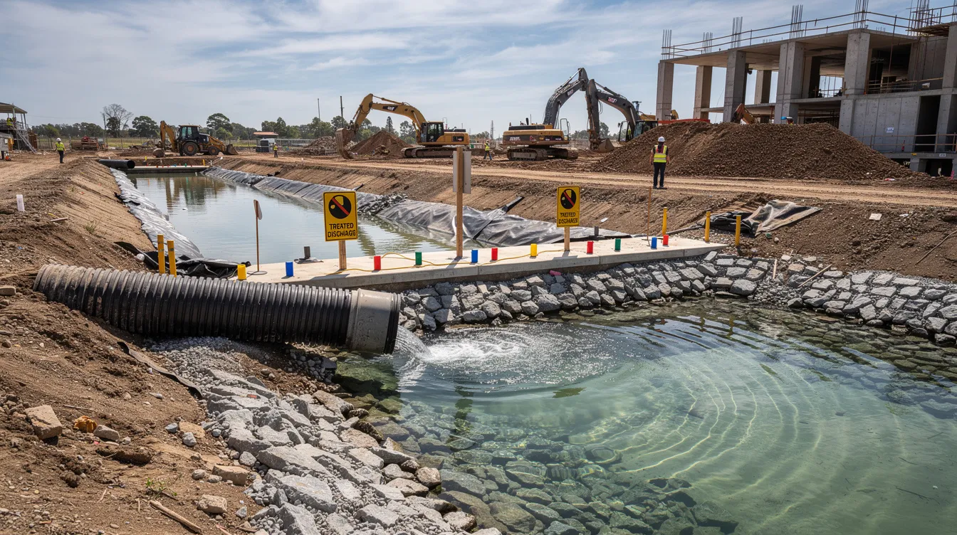The image depicts a construction site with a drainage system where clear water is flowing through a treated discharge point, demonstrating effective surface water drainage. This setup is crucial for preventing silty discharge and managing rainwater runoff, especially during the northeast monsoon season, in compliance with Singapore's national water agency regulations.