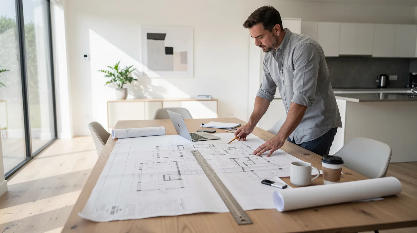 A professional engineer is meticulously reviewing architectural blueprints spread across a table in the bright interior of a modern semi-detached house, focusing on the floor plan and structural integrity for the upcoming interior renovation project. The scene captures the essence of collaboration among experienced professionals as they prepare for potential structural changes and project timelines.