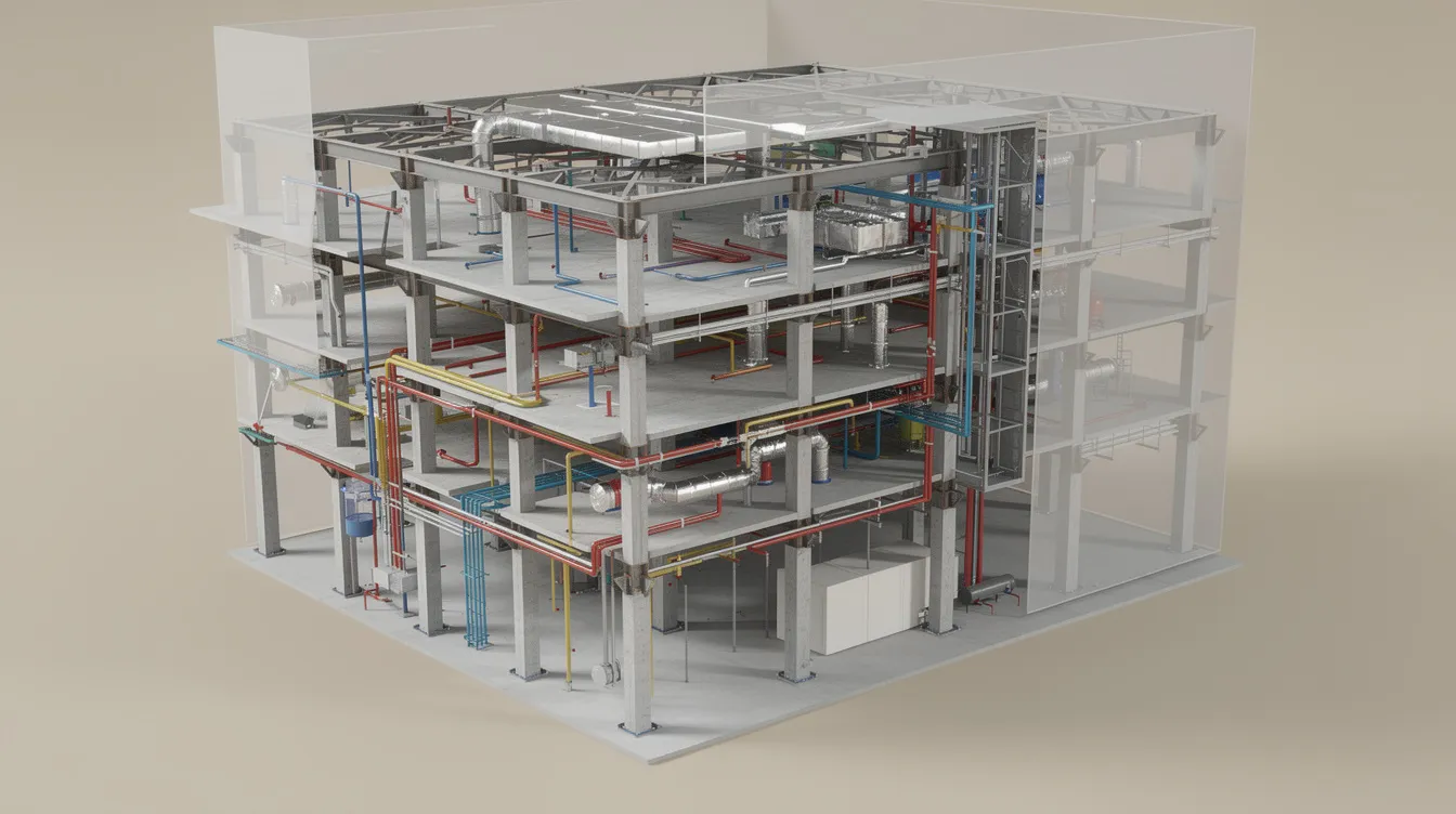 The image depicts a coordinated building model that showcases integrated structural and mechanical systems, highlighting the effectiveness of architectural BIM services. This visual representation emphasizes the importance of accurate BIM models in facilitating collaboration among architects and engineers, ultimately enhancing project outcomes in the AEC industry.