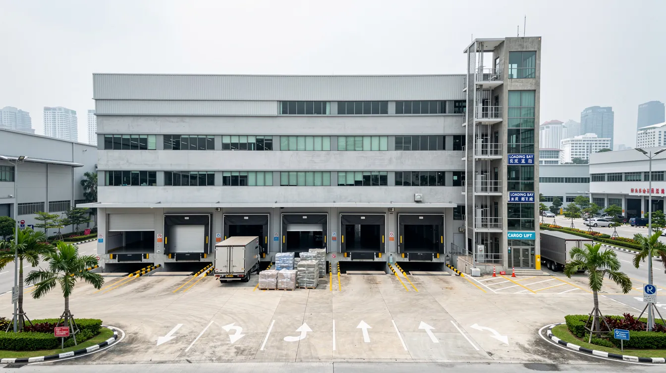 The image depicts a multi-storey industrial building located in a Singapore industrial estate, featuring loading bays and cargo lifts. This structure is subject to various statutory requirements, including plan consent submissions and approvals from relevant authorities like the Building and Construction Authority and JTC Corporation.
